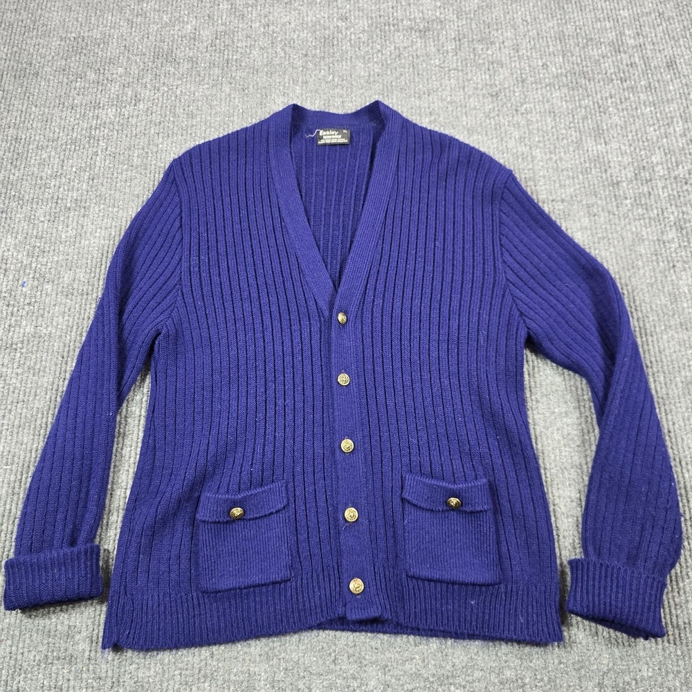 Vintage Essley Cardigan‎ Sweater Mens XL Purple Ribbed Knit Gold Button Pockets